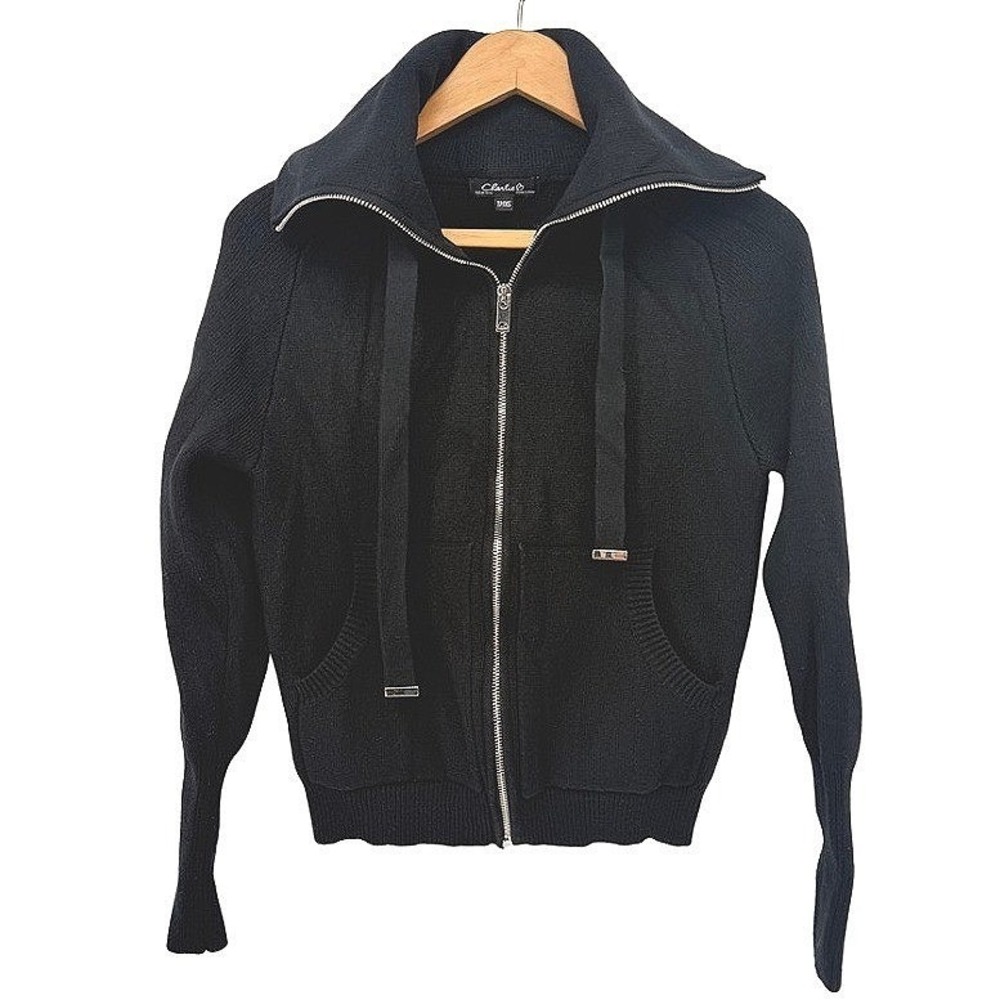 Charlie B Zip Up Cardigan Black Funnel Neck Knit Sweater Pocket‎ Size XS